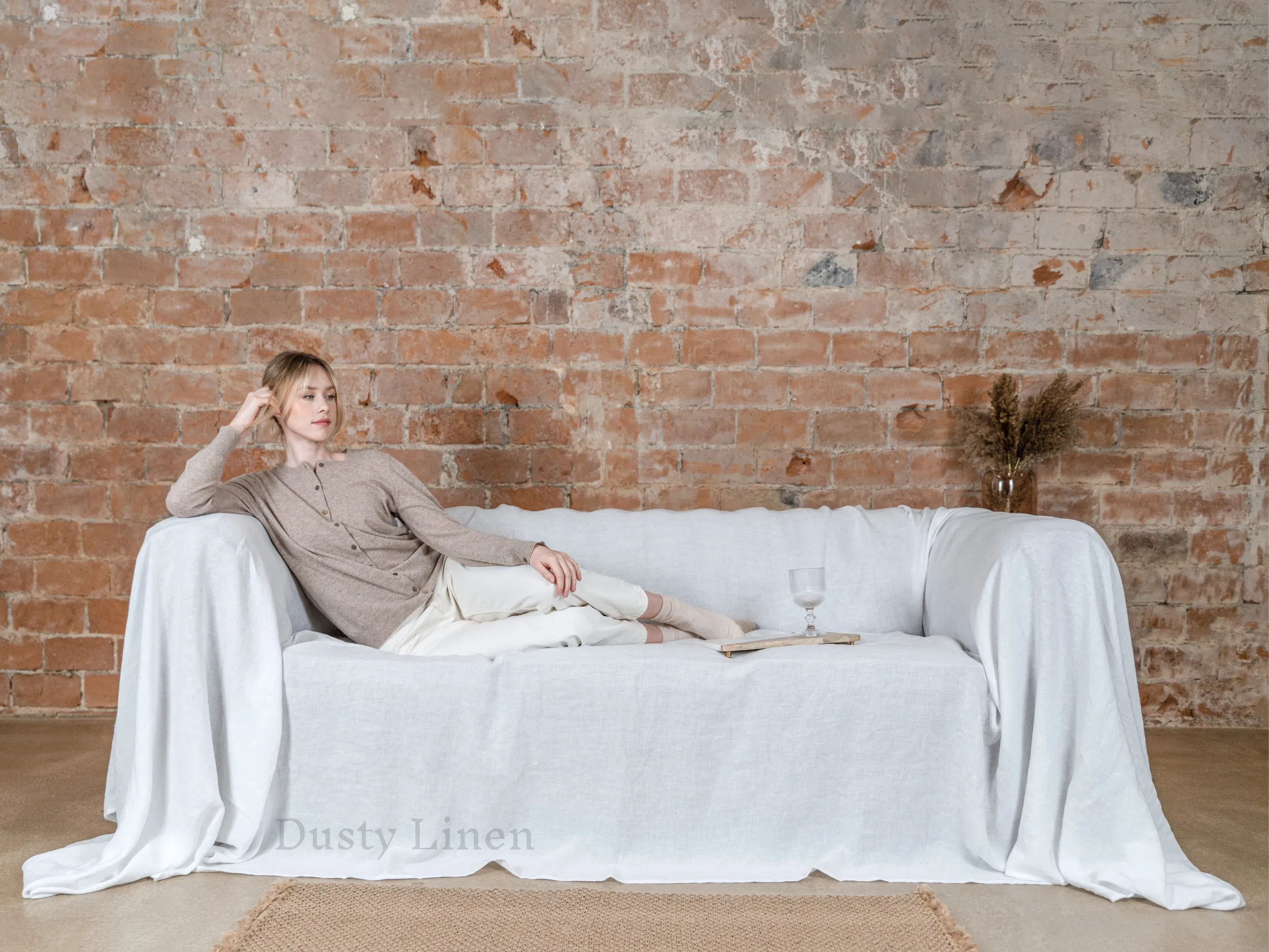 Seamless linen couch cover in White color (density 175 g/m2)