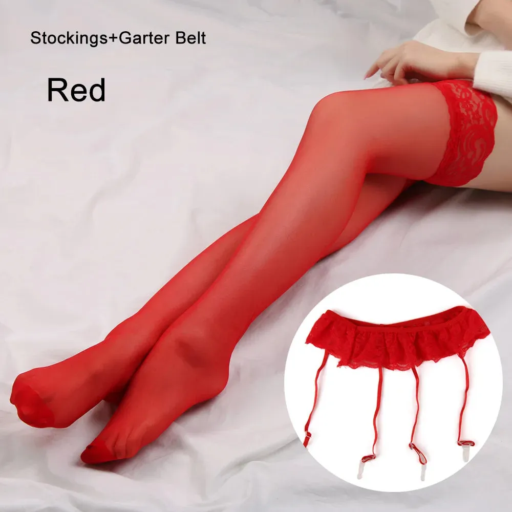 Sexy Lace Top Thigh-High Stockings with Garter Belt