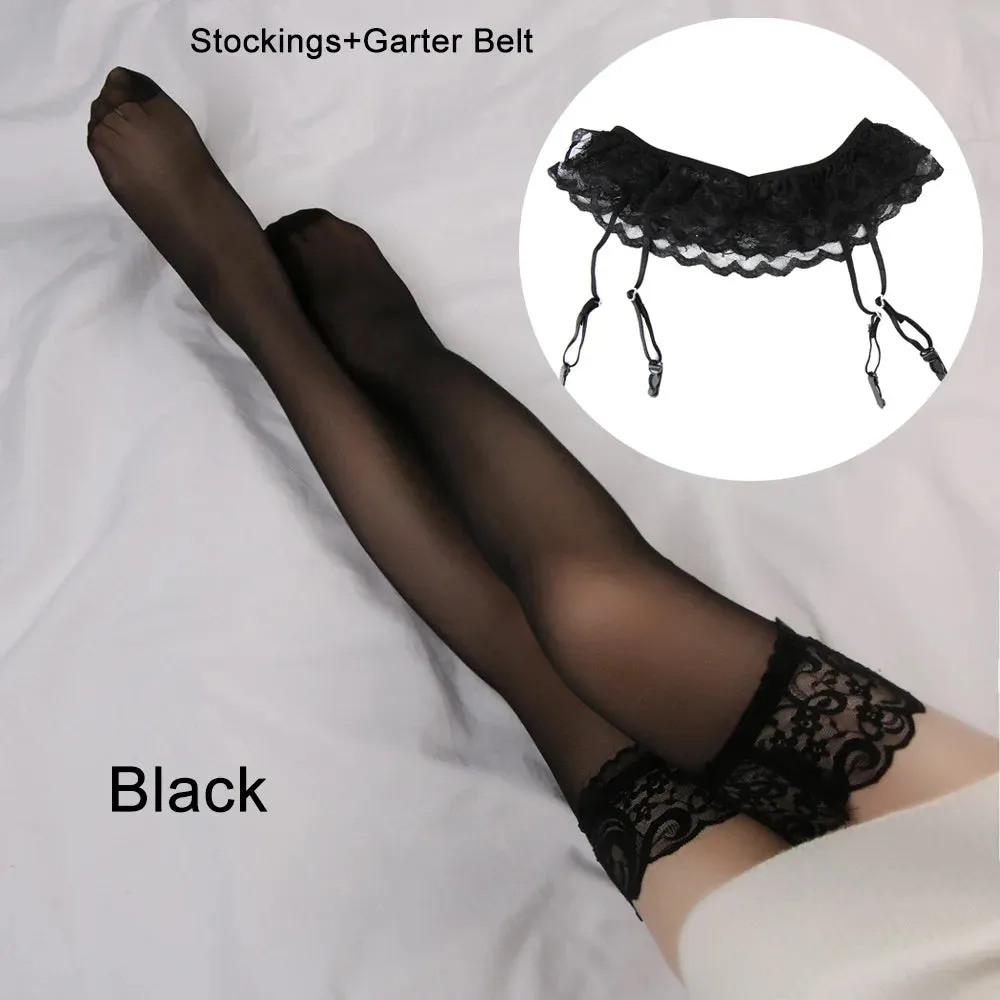 Sexy Lace Top Thigh-High Stockings with Garter Belt