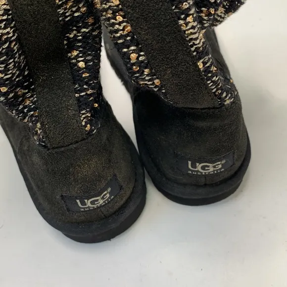 UGG Lyla Classic Leather Knit Sequin Black / Gold Women's Boots S-046 Size 7