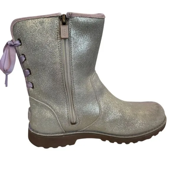UGG Women's Corene Metallic Ankle Boots Silver Purple Laces Size 5