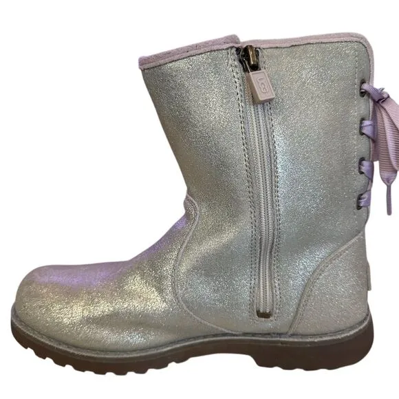 UGG Women's Corene Metallic Ankle Boots Silver Purple Laces Size 5