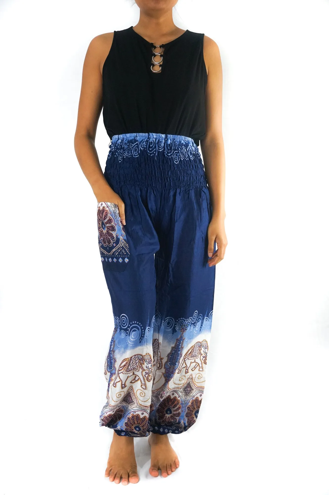 Unisex Bohemian Elephant Tie-Dye Harem Pants- Blue