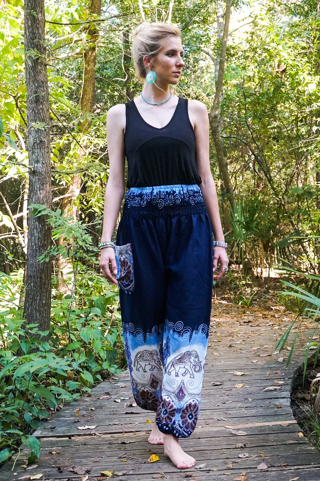 Unisex Bohemian Elephant Tie-Dye Harem Pants- Blue
