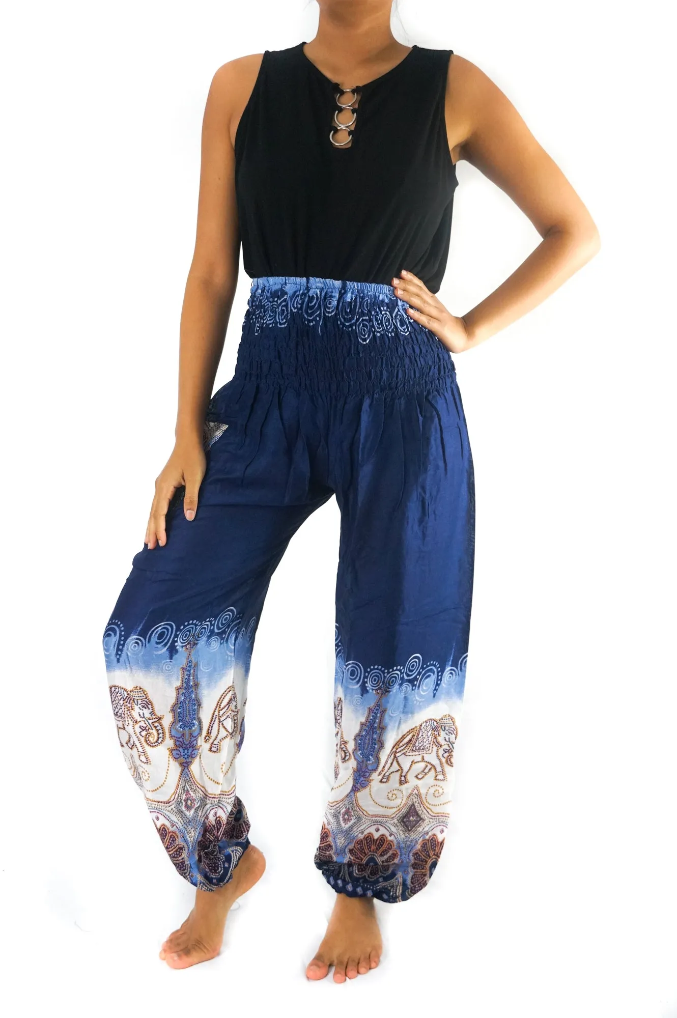 Unisex Bohemian Elephant Tie-Dye Harem Pants- Blue
