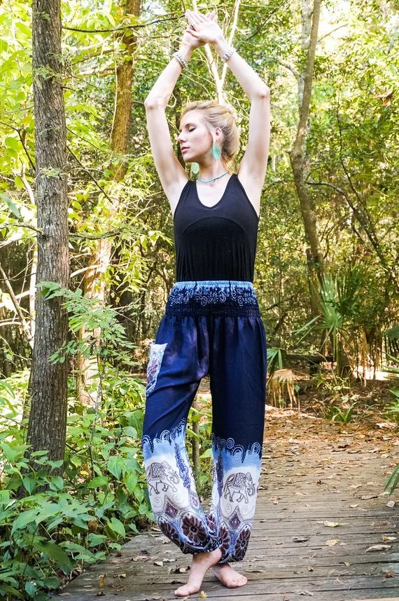 Unisex Bohemian Elephant Tie-Dye Harem Pants- Blue