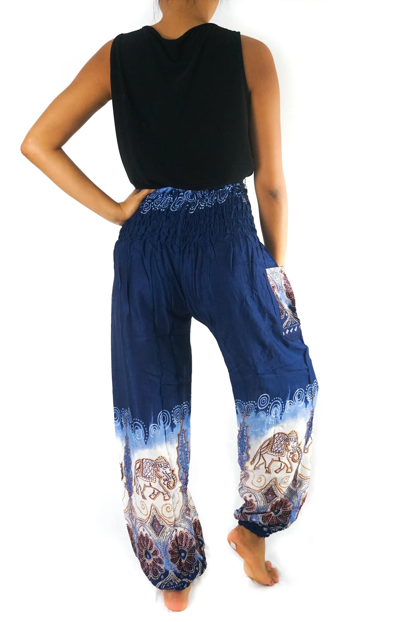 Unisex Bohemian Elephant Tie-Dye Harem Pants- Blue