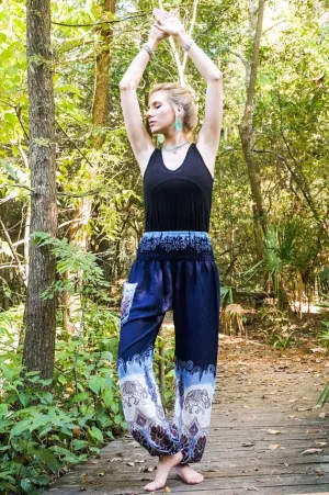 Unisex Bohemian Elephant Tie-Dye Harem Pants- Blue