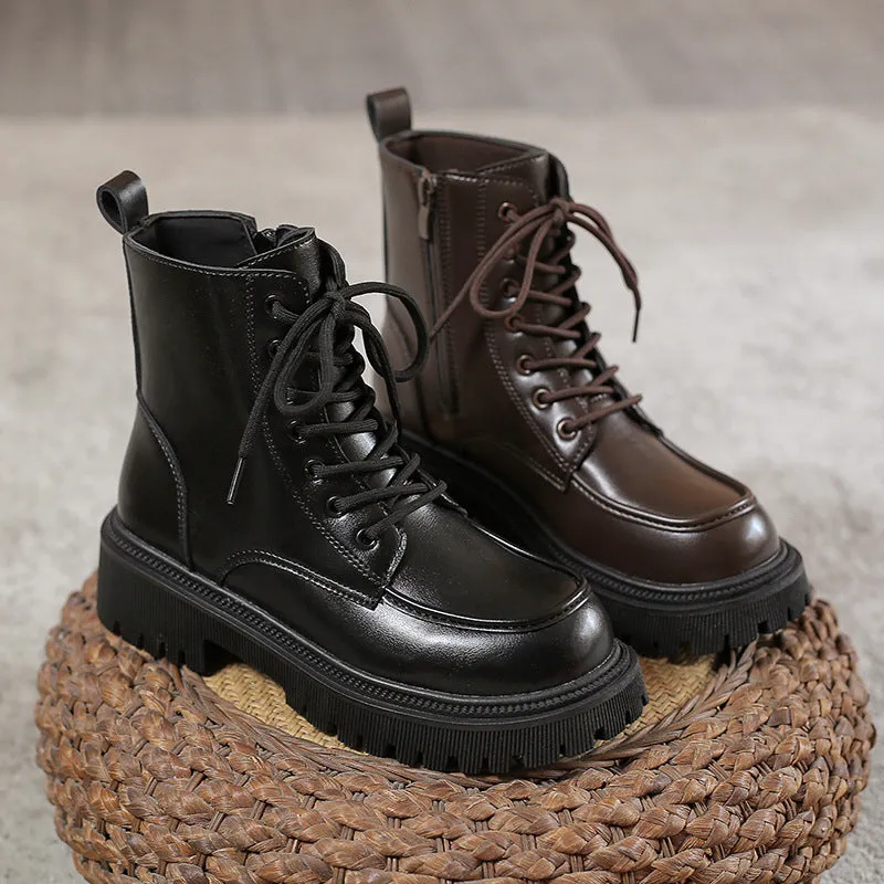 Women's Plain Martin Boots - British Style, Lace-up, Round Toe, Winter/Autumn