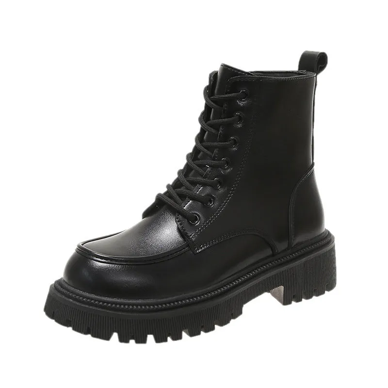 Women's Plain Martin Boots - British Style, Lace-up, Round Toe, Winter/Autumn